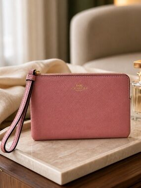 Coach Rose Pink Leather Wristlet Clutch with Gold Accent